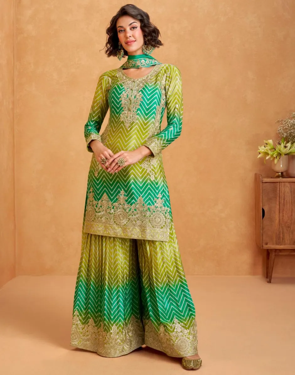Premium Chinon Silk Embroidered Top Palazzo Dupatta Set with Dual Tone Chevron Print