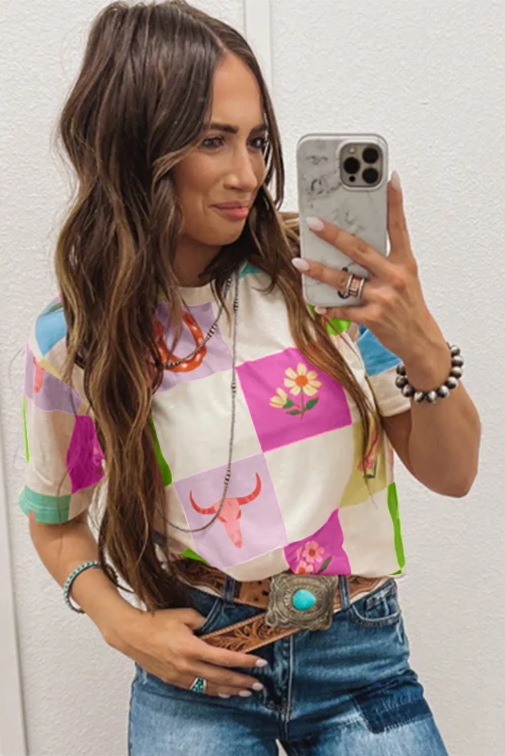 Purple Western Fashion Checker Print Crewneck T Shirt