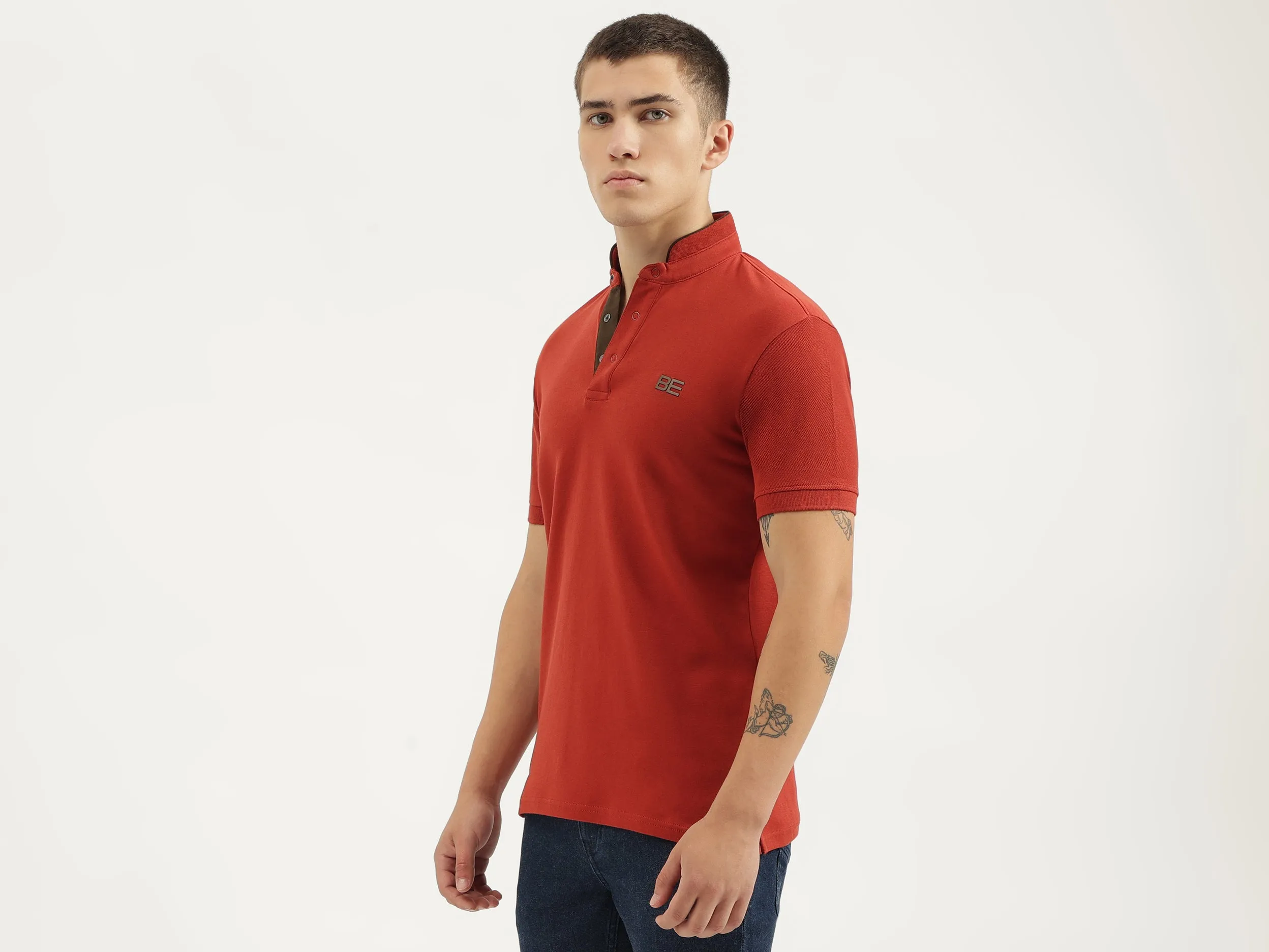 Regular Fit Stand Collar Solid T-shirts