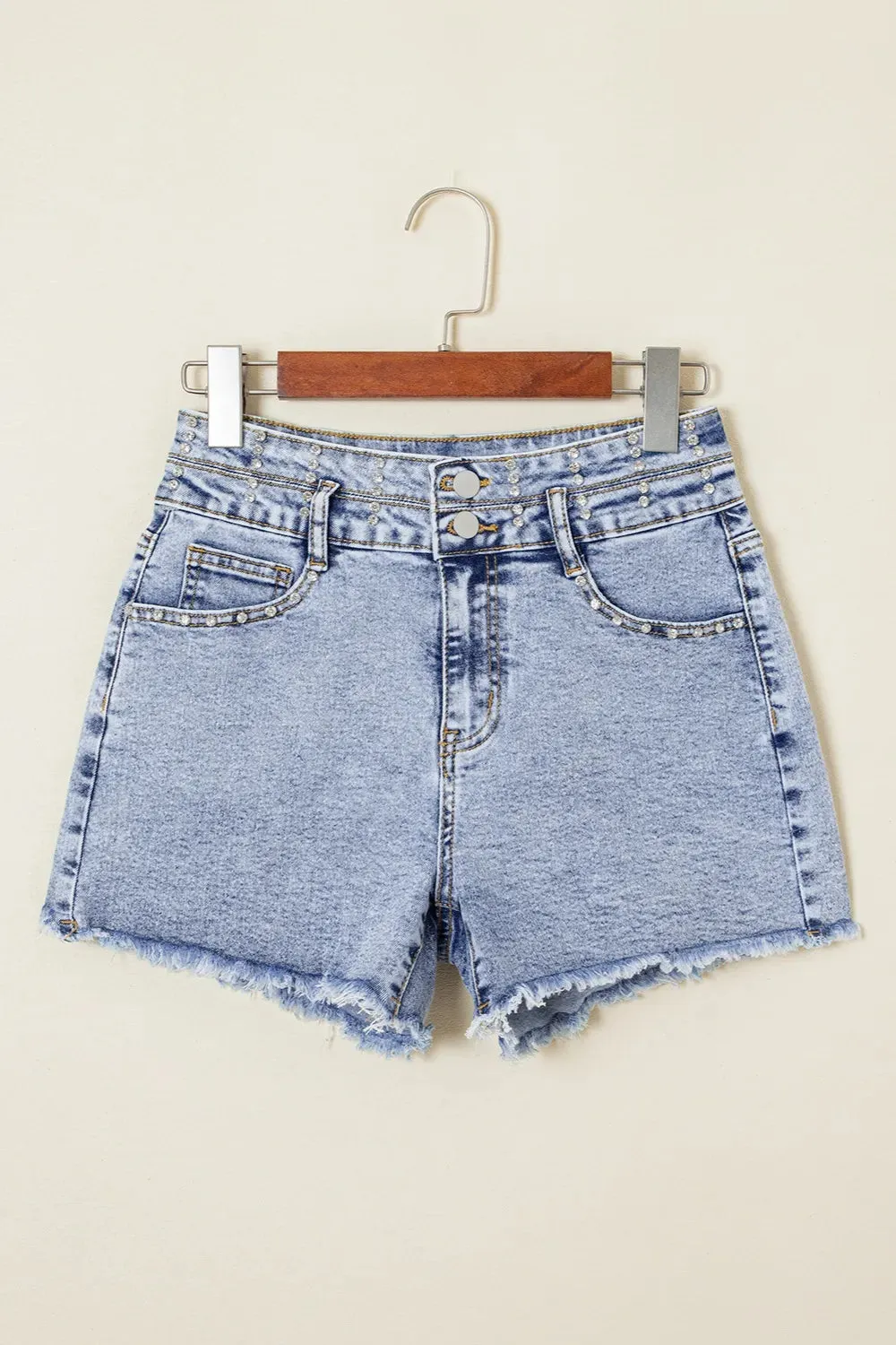 Rhinestone Light Wash Raw Hem High Waist Denim Shorts