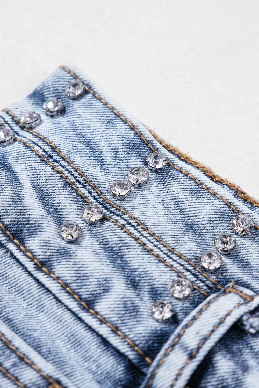 Rhinestone Light Wash Raw Hem High Waist Denim Shorts