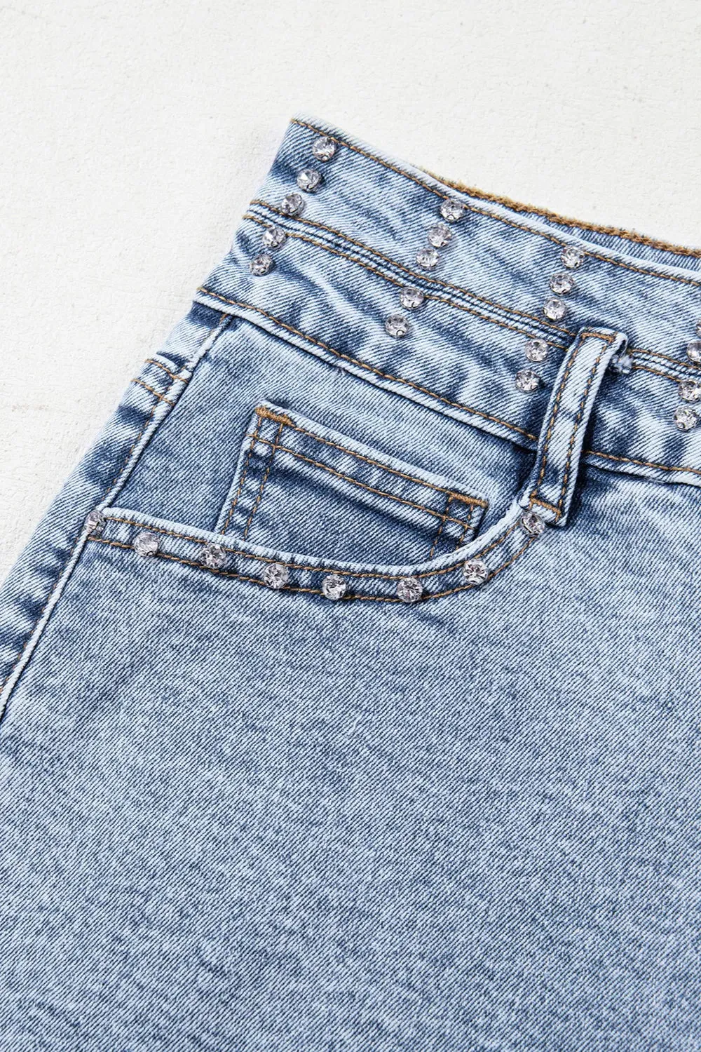 Rhinestone Light Wash Raw Hem High Waist Denim Shorts