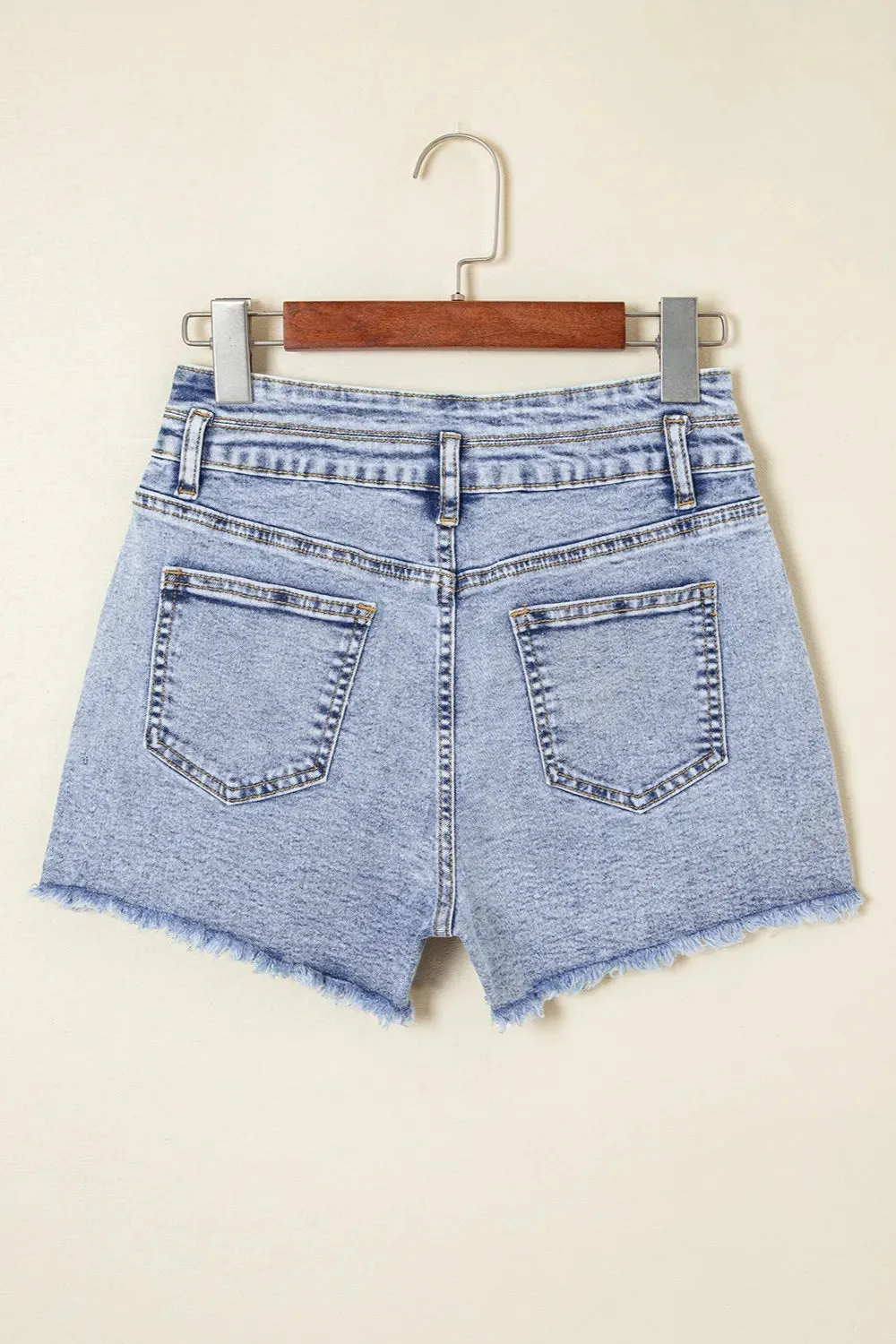 Rhinestone Light Wash Raw Hem High Waist Denim Shorts