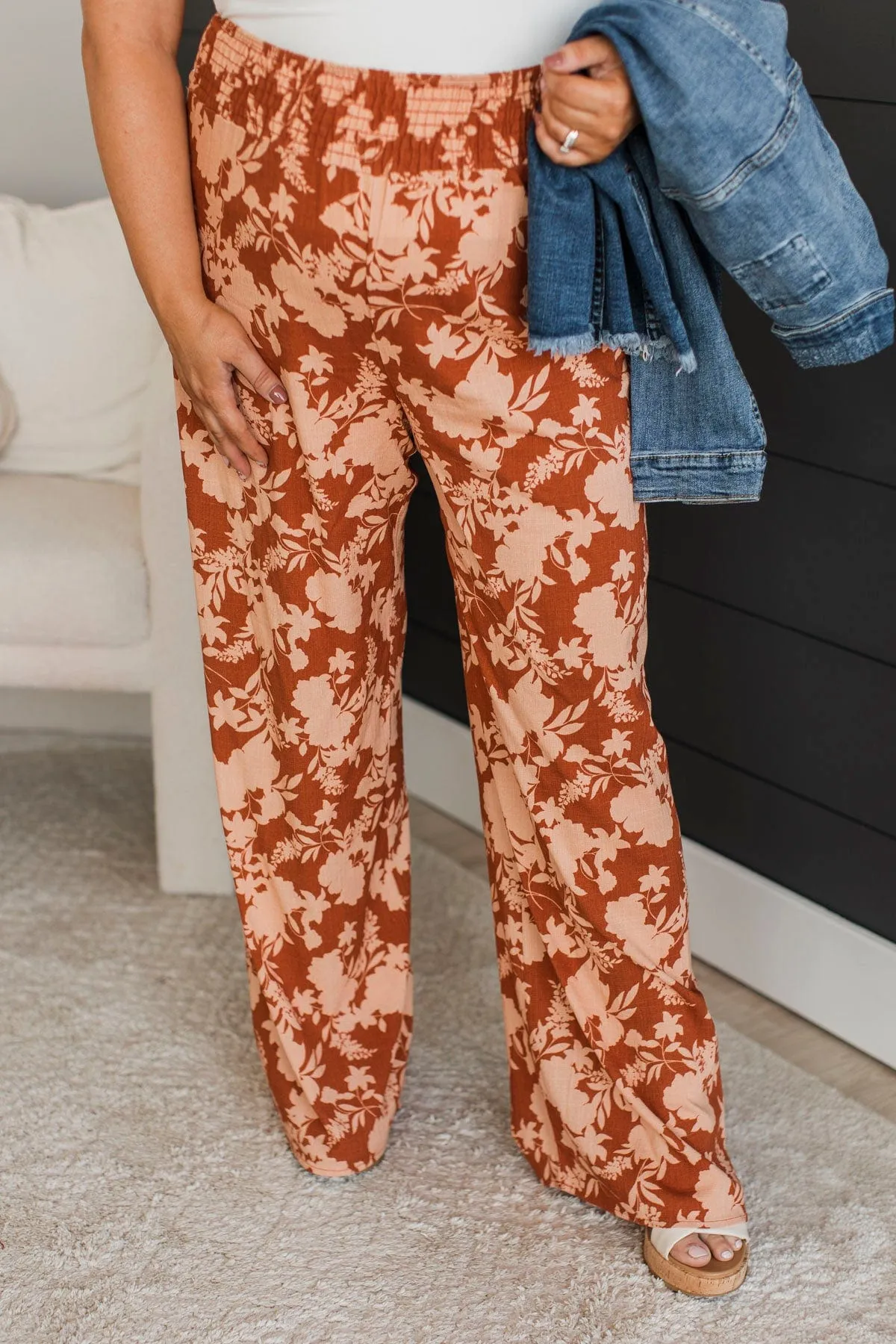 Right Place Right Time Floral Pants- Rust