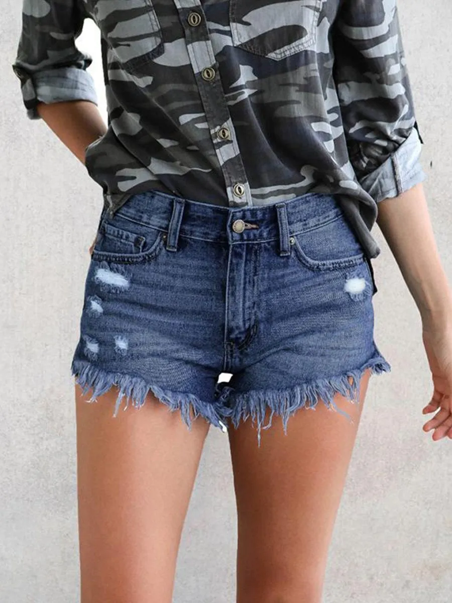 Ripped Fringed Stretch Denim Shorts