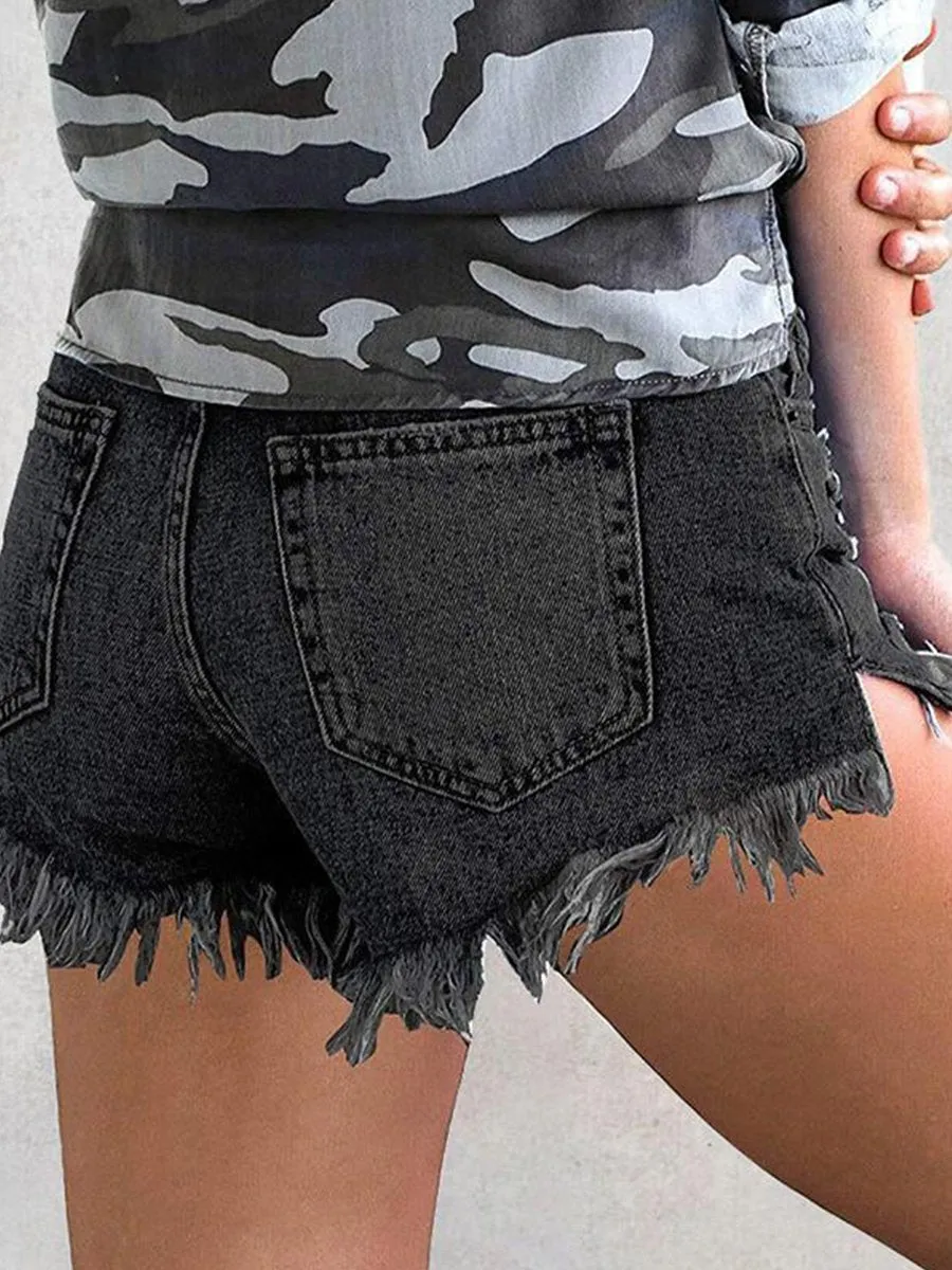 Ripped Fringed Stretch Denim Shorts