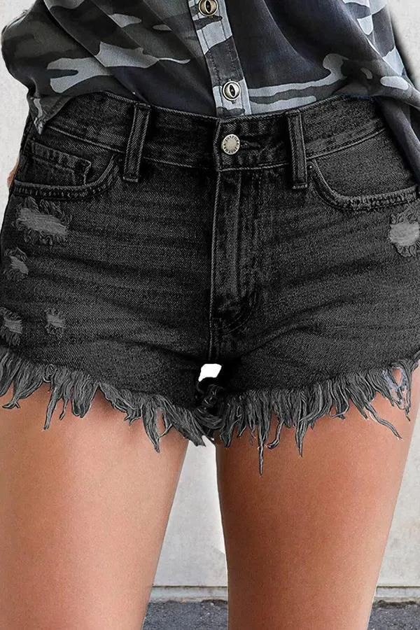 Ripped Fringed Stretch Denim Shorts