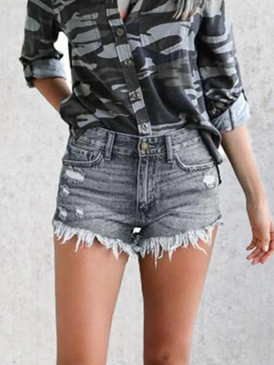 Ripped Fringed Stretch Denim Shorts