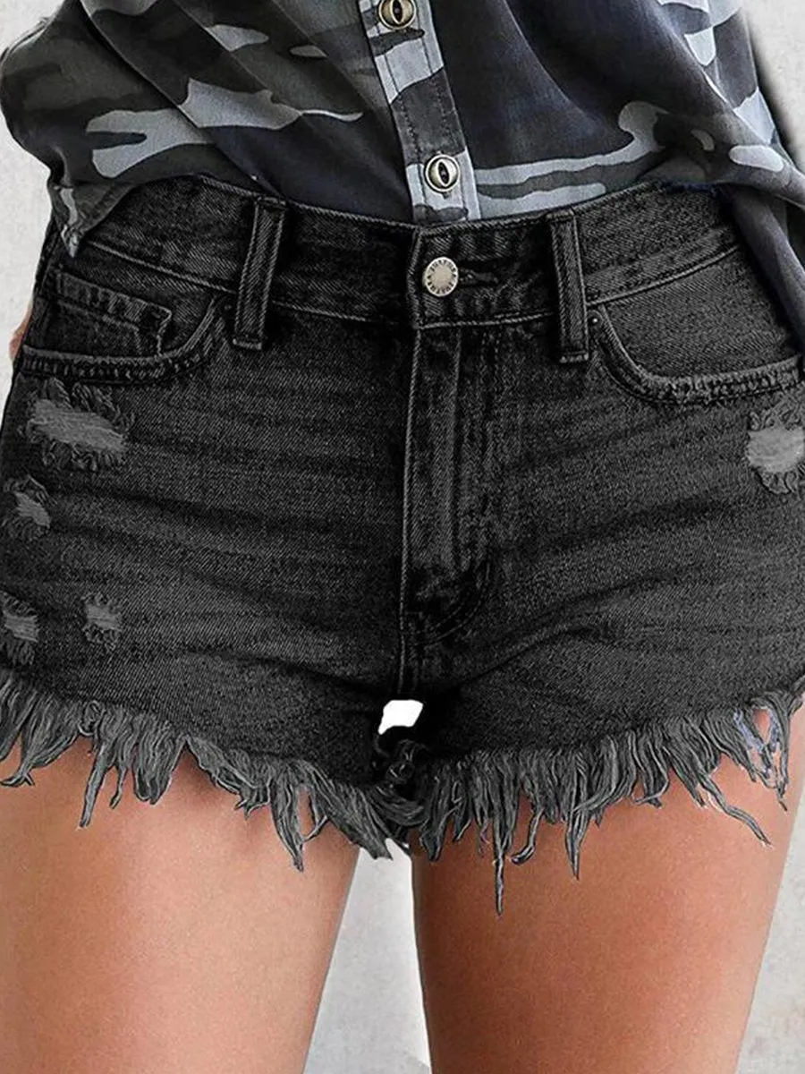 Ripped Fringed Stretch Denim Shorts