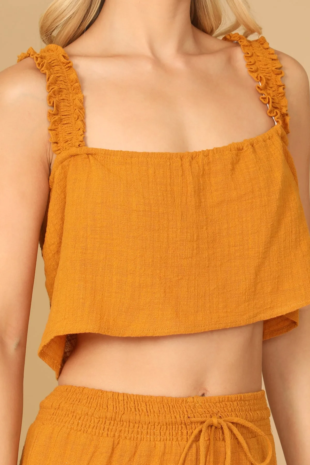 RUFFLE STRAP FLOWY CROP TOP & FLOUNCE PANTS SET