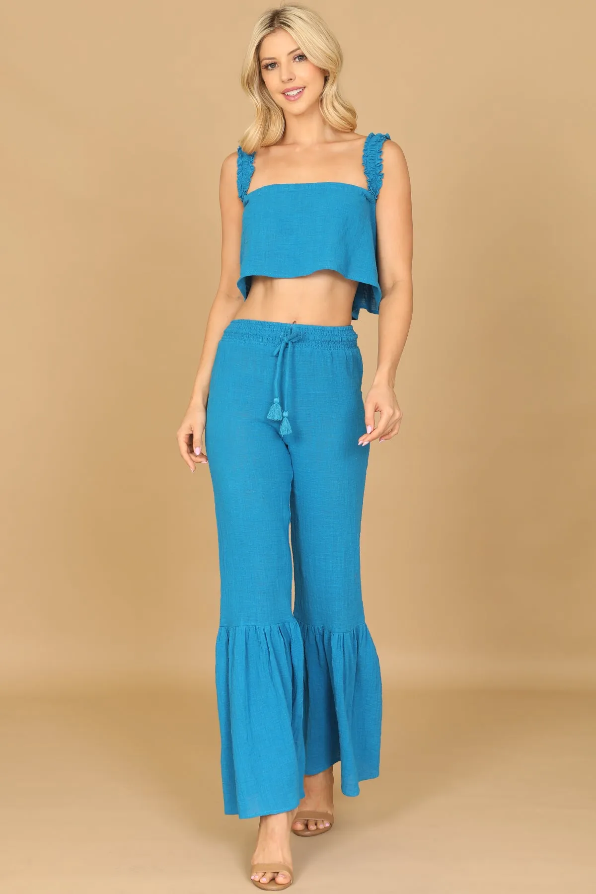 RUFFLE STRAP FLOWY CROP TOP & FLOUNCE PANTS SET