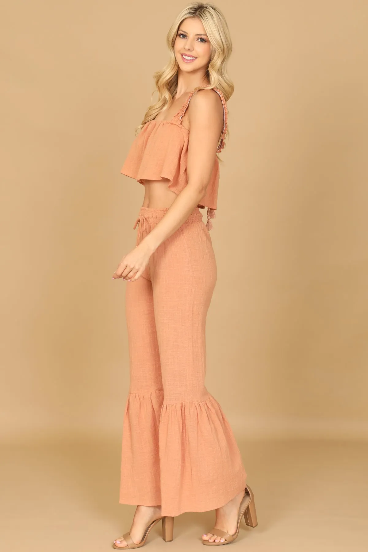 RUFFLE STRAP FLOWY CROP TOP & FLOUNCE PANTS SET