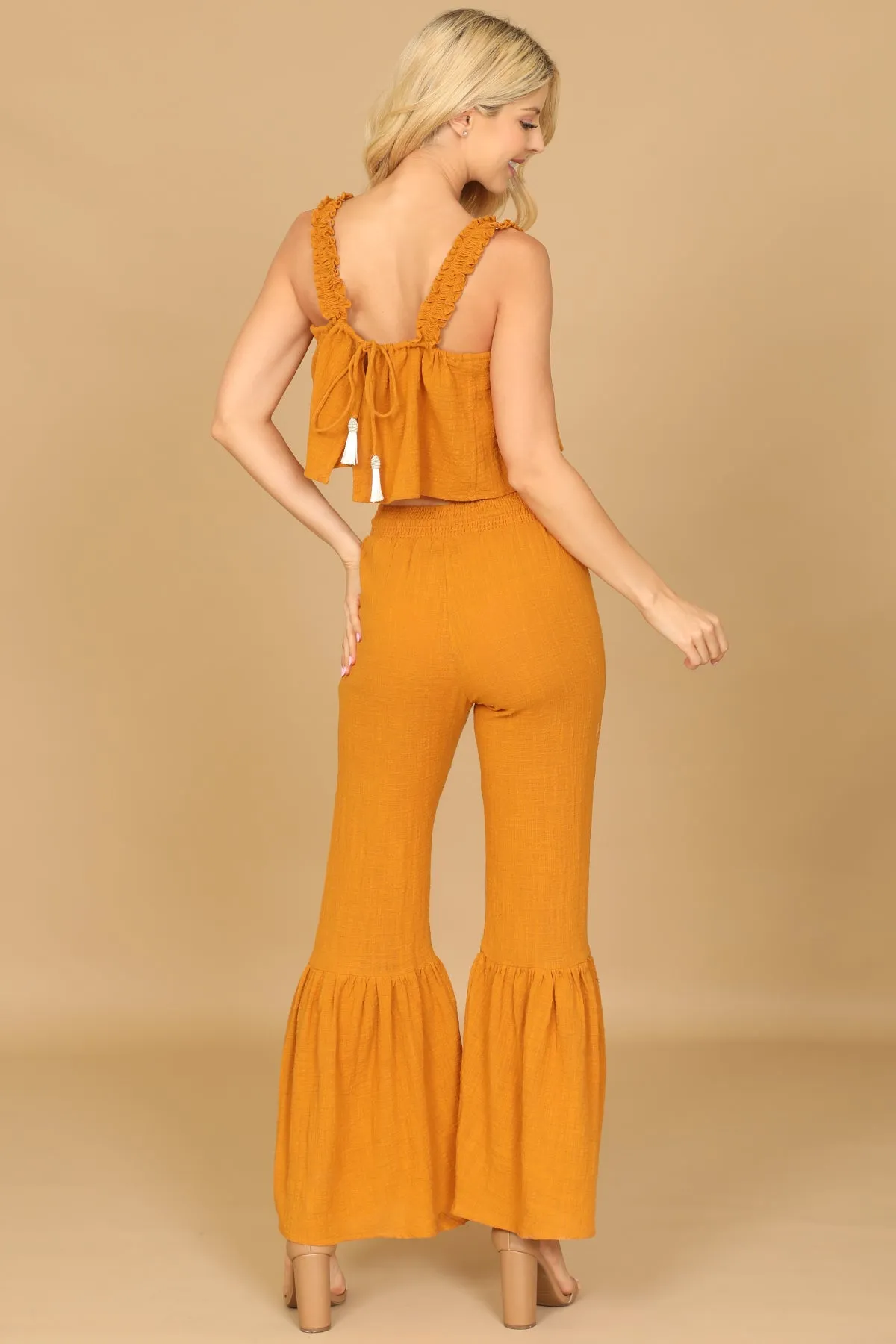 RUFFLE STRAP FLOWY CROP TOP & FLOUNCE PANTS SET