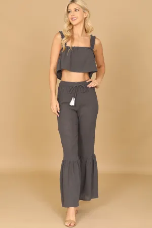 RUFFLE STRAP FLOWY CROP TOP & FLOUNCE PANTS SET