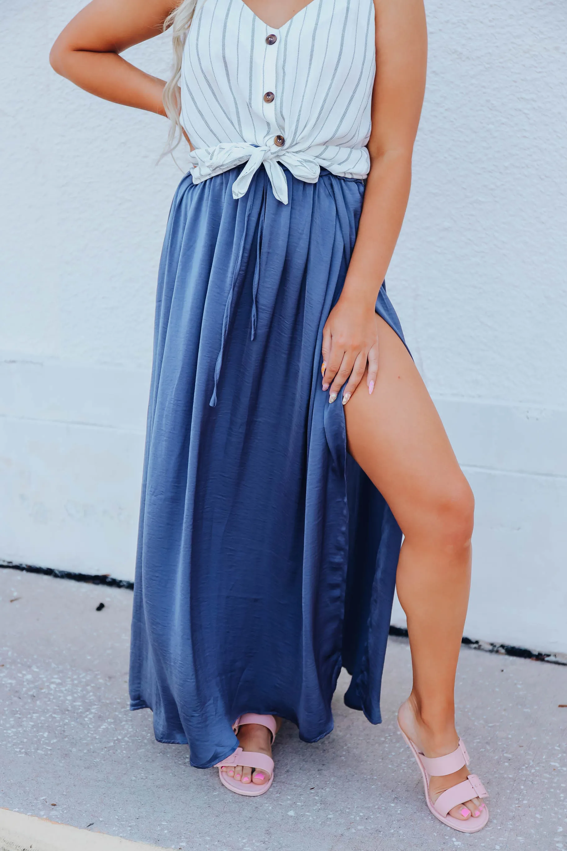 Santa Fe Satin Textured Maxi Skirt - Blue