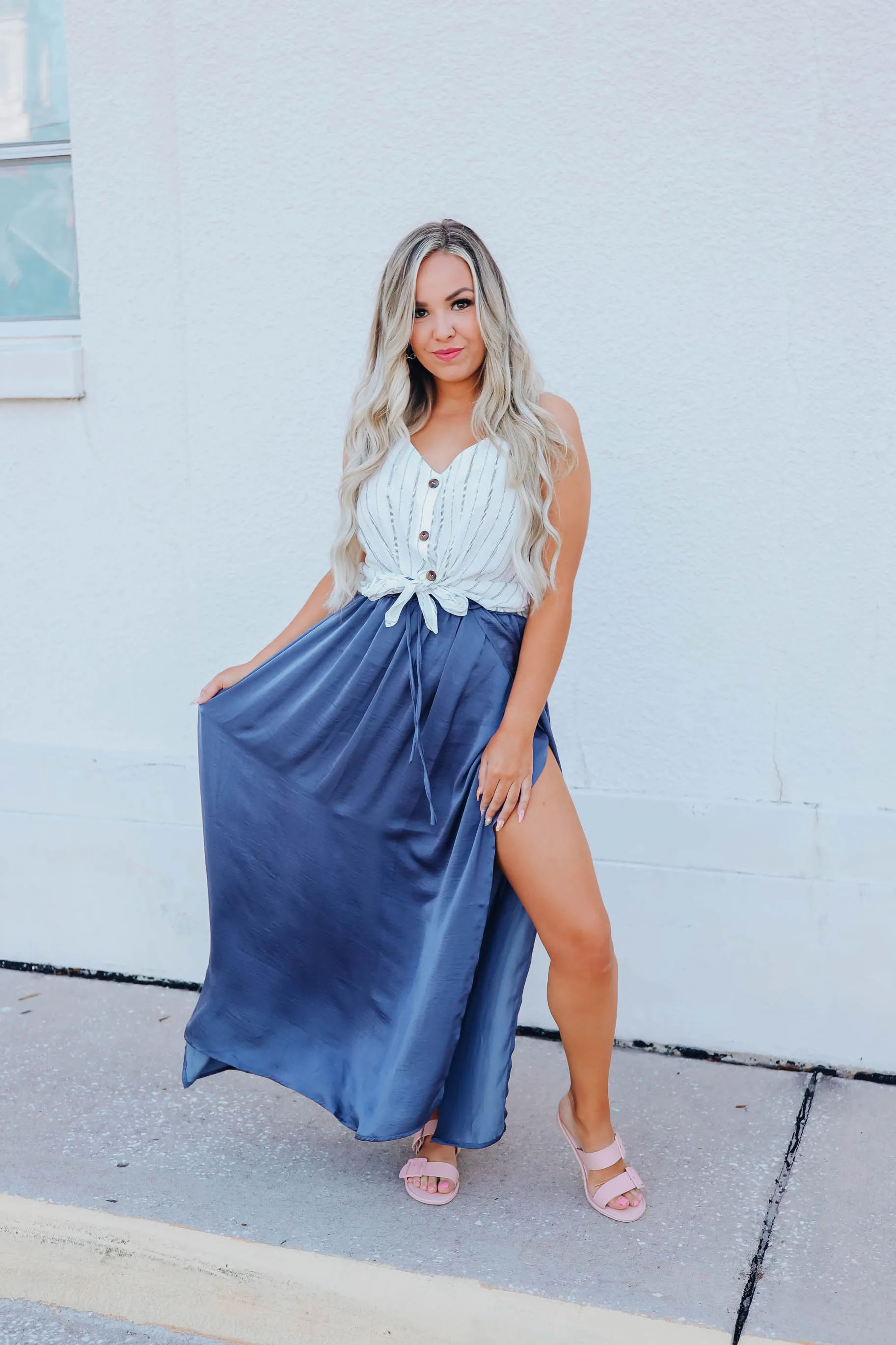 Santa Fe Satin Textured Maxi Skirt - Blue