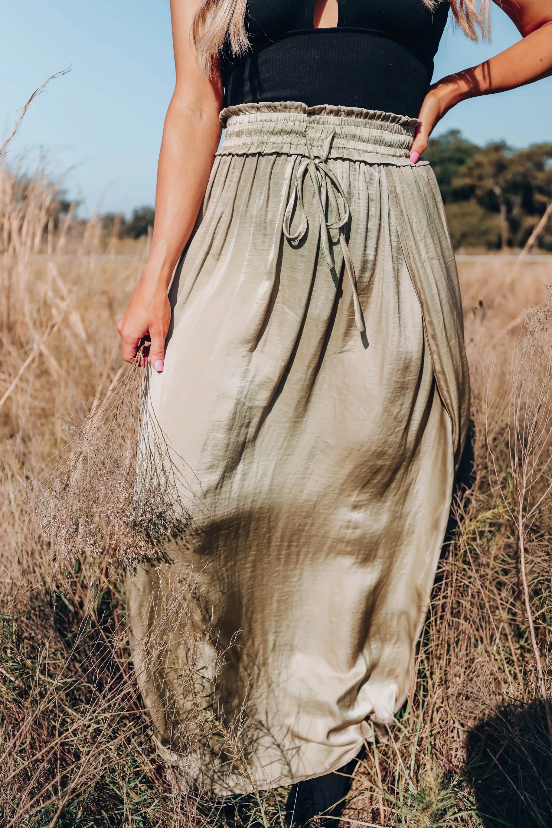 Santa Fe Satin Textured Maxi Skirt - Olive