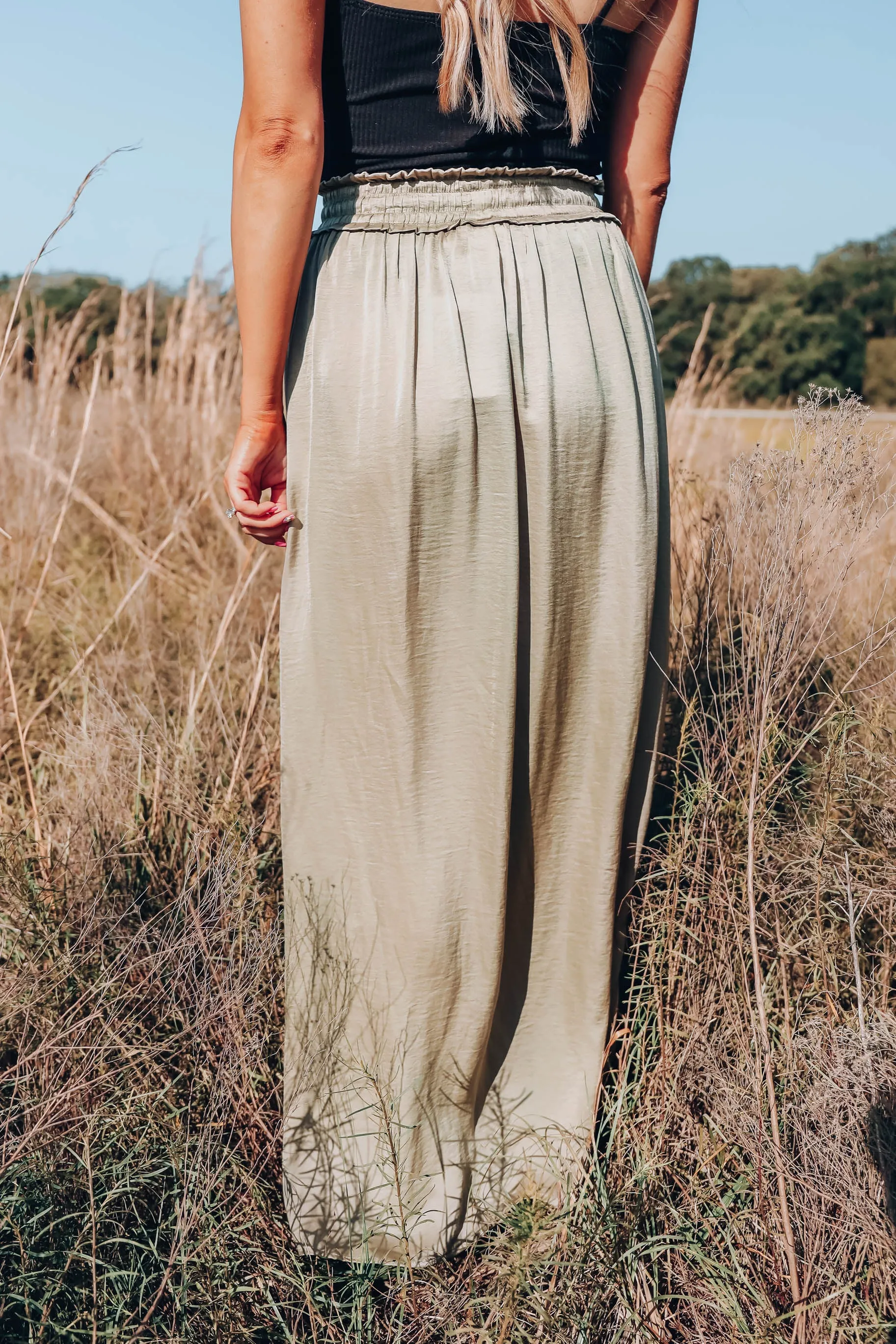 Santa Fe Satin Textured Maxi Skirt - Olive