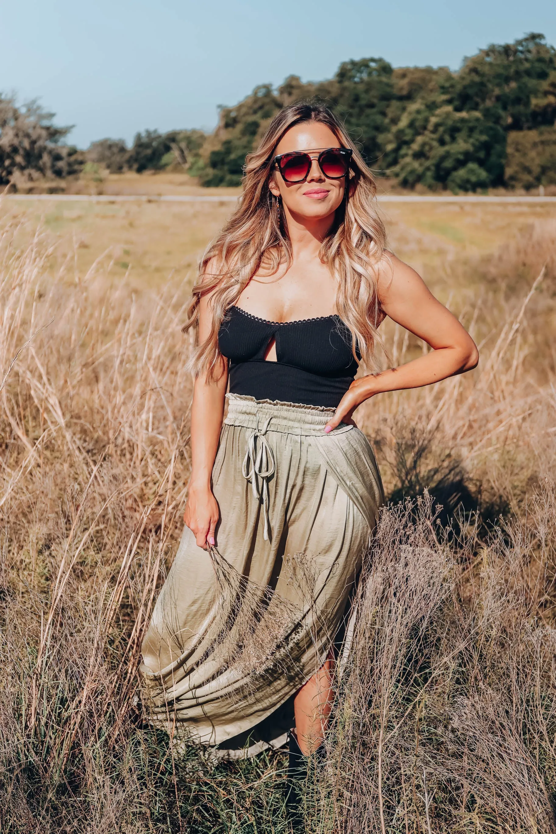 Santa Fe Satin Textured Maxi Skirt - Olive