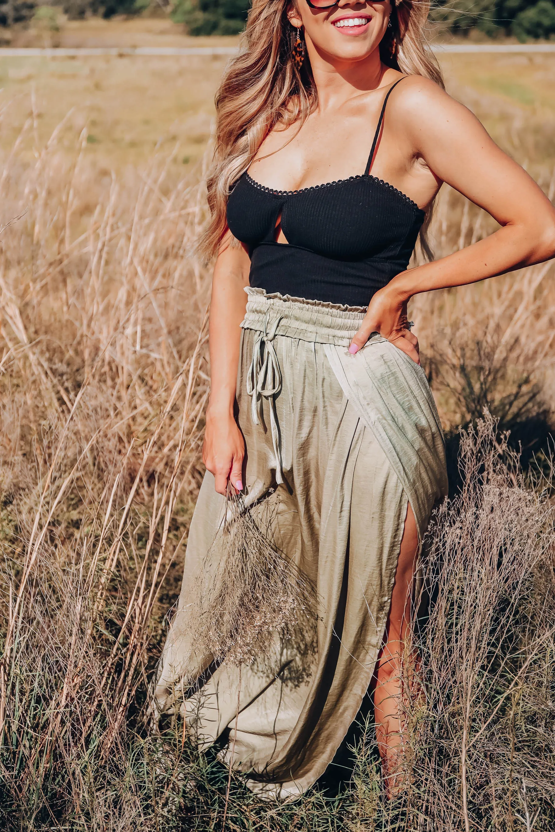 Santa Fe Satin Textured Maxi Skirt - Olive