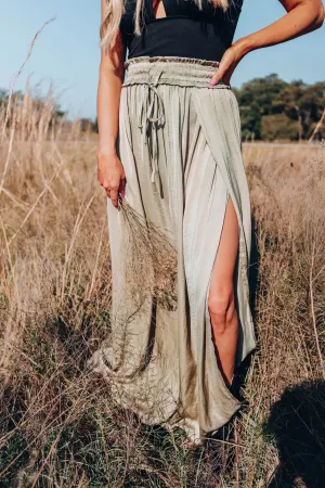 Santa Fe Satin Textured Maxi Skirt - Olive
