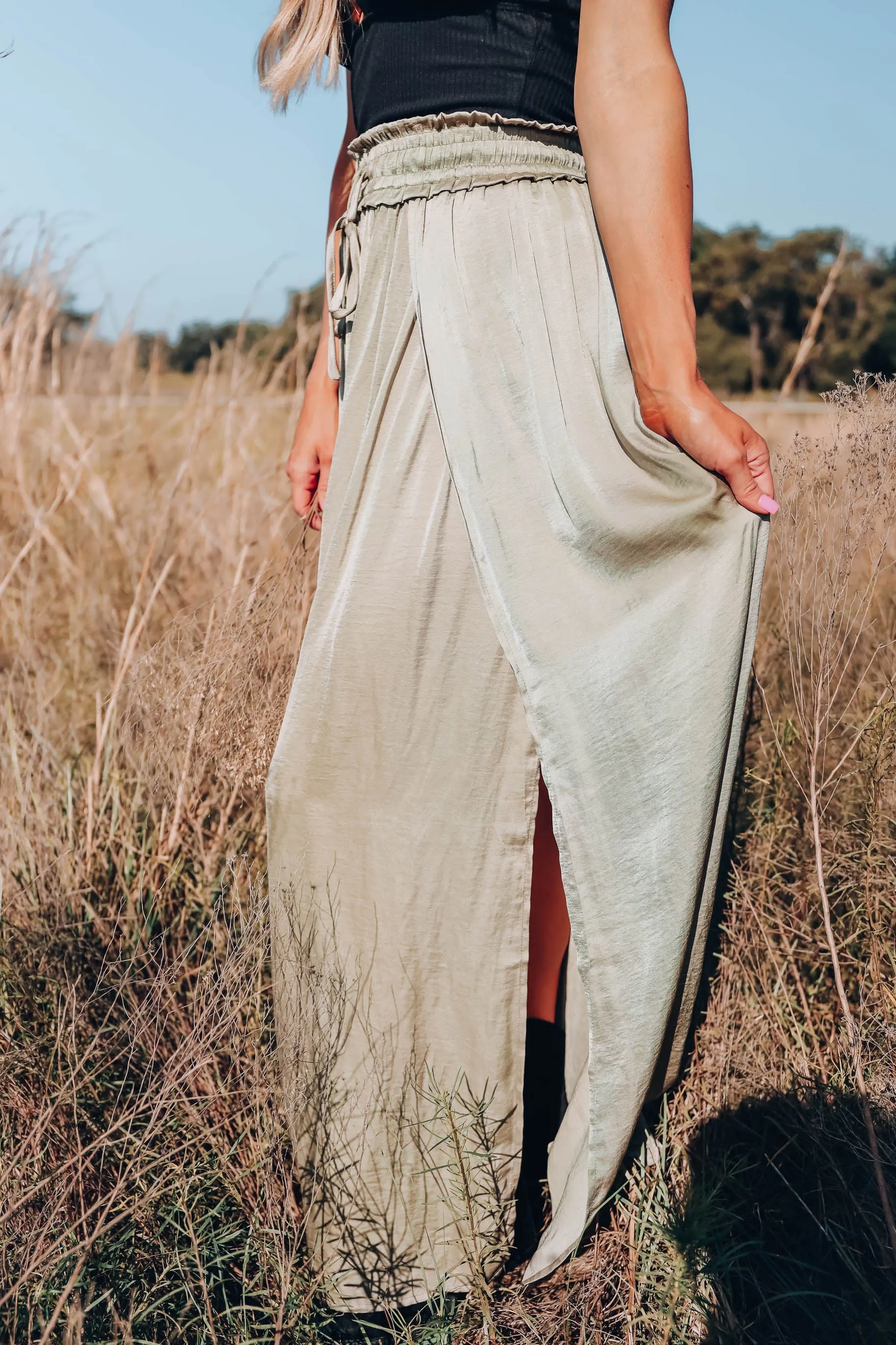 Santa Fe Satin Textured Maxi Skirt - Olive