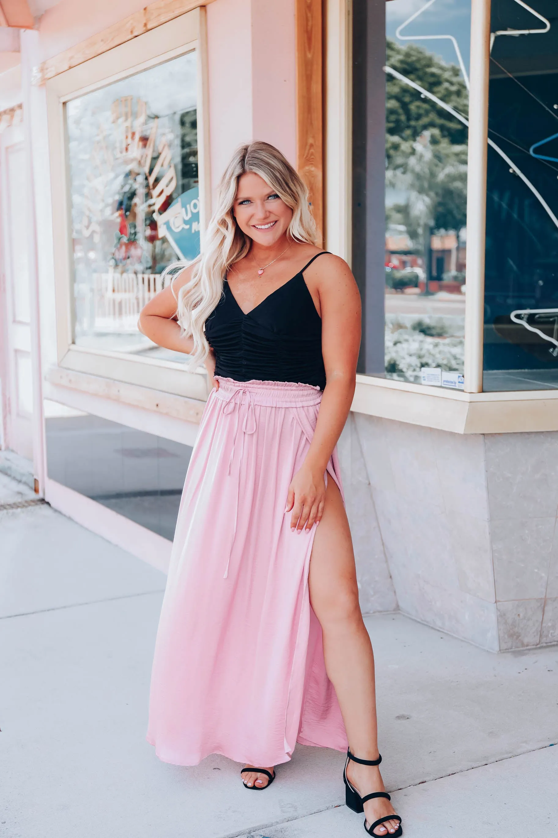 Santa Fe Satin Textured Maxi Skirt - Rose Pink
