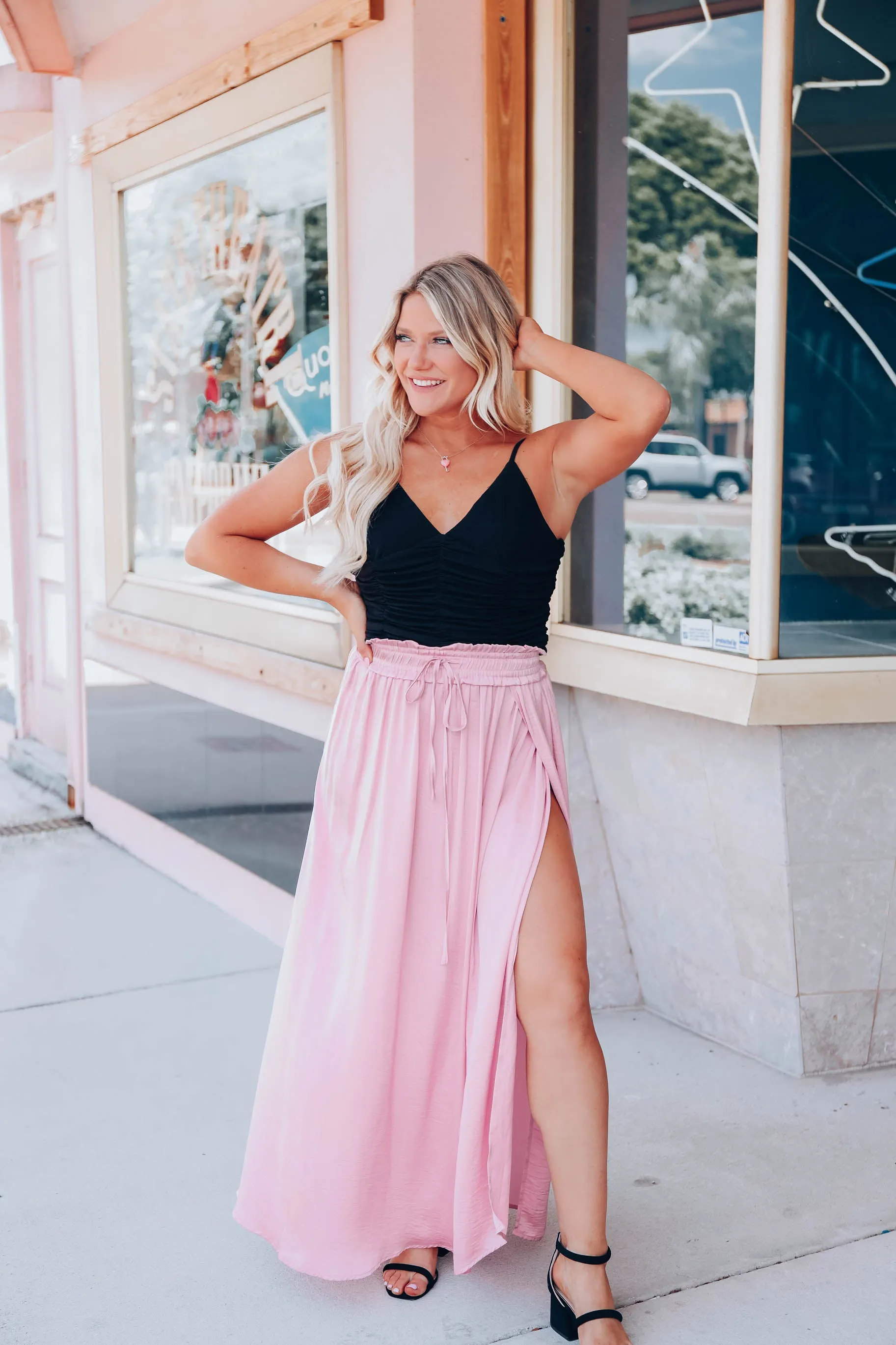 Santa Fe Satin Textured Maxi Skirt - Rose Pink