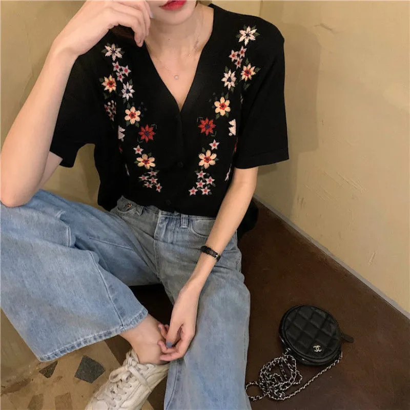 Short Sleeve V-Neck Floral Embroidered Shirts