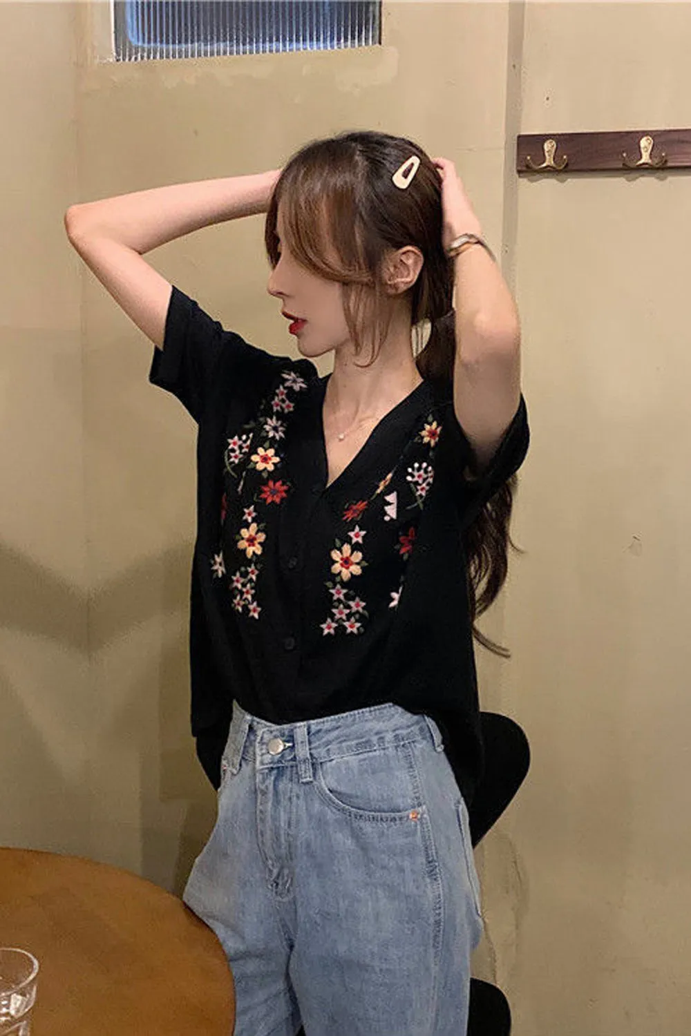 Short Sleeve V-Neck Floral Embroidered Shirts