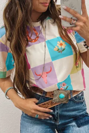 Sky Blue Western Fashion Checker Print Crewneck T Shirt