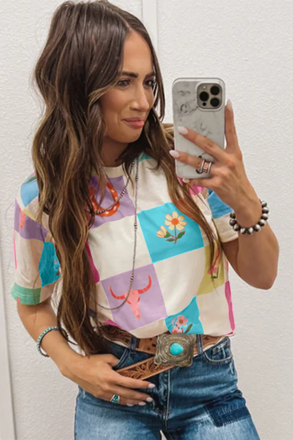 Sky Blue Western Fashion Checker Print Crewneck T Shirt