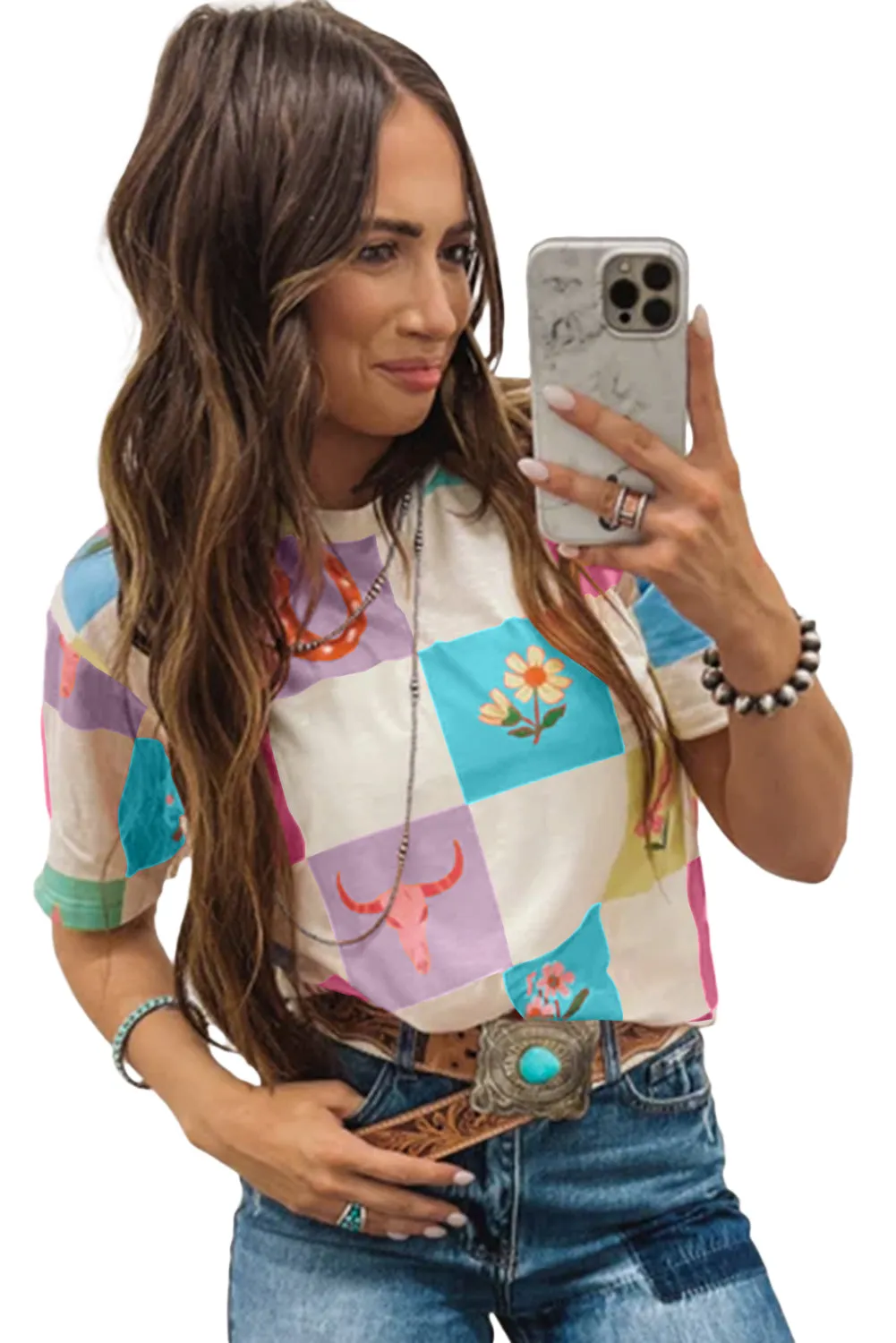 Sky Blue Western Fashion Checker Print Crewneck T Shirt