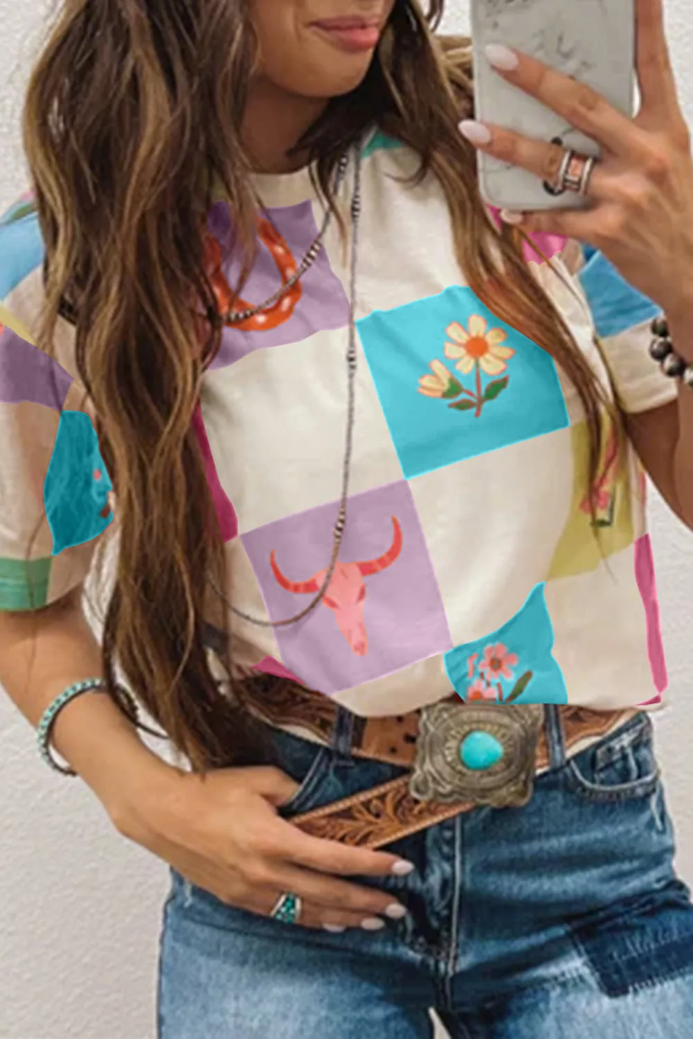 Sky Blue Western Fashion Checker Print Crewneck T Shirt