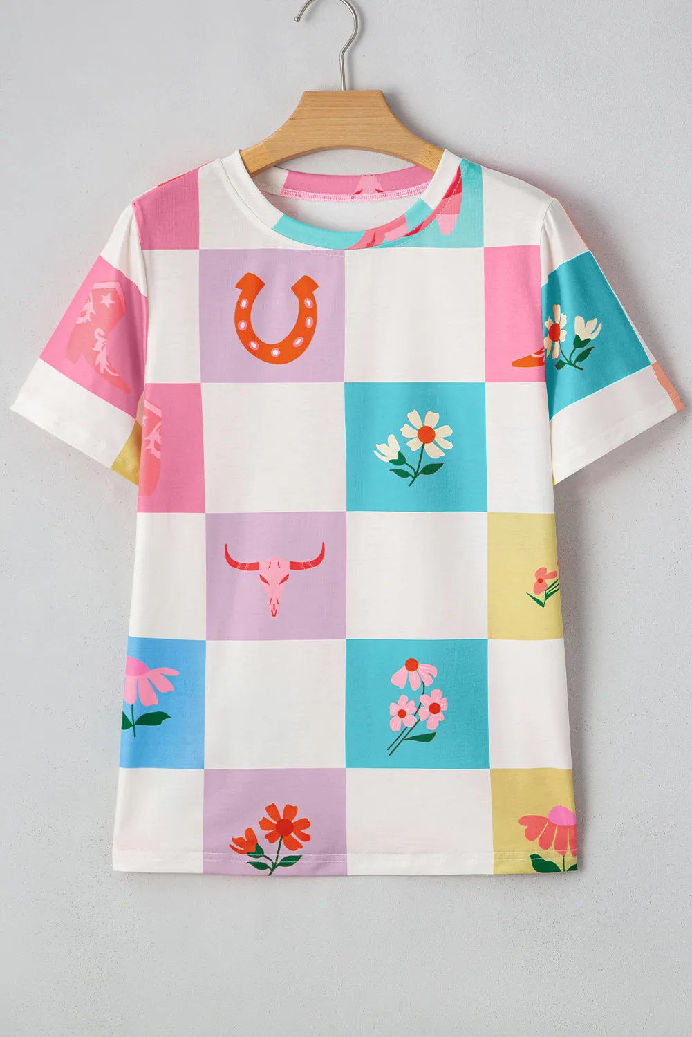 Sky Blue Western Fashion Checker Print Crewneck T Shirt
