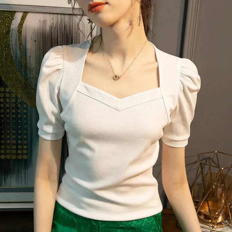 Slim Puff Sleeve Blouse with Square Collar