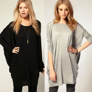 Slim Women Black Gray Cotton Long Slim Sleeve Loose Shirt Dress Plus Size Tops Tees