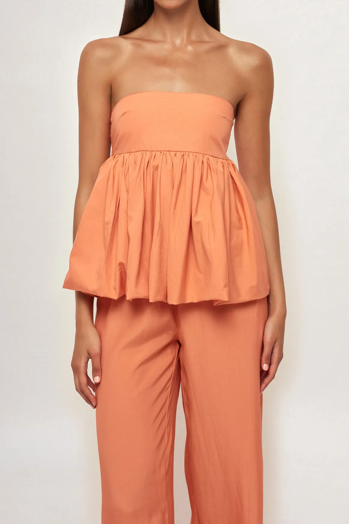 Strapless Ruffled Top | Straight Leg Pant