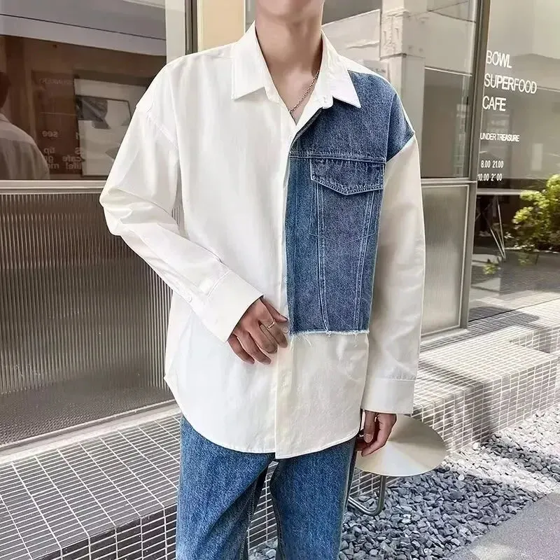 StreetEdge Herren Langarm Color-Block Denim-Hemd