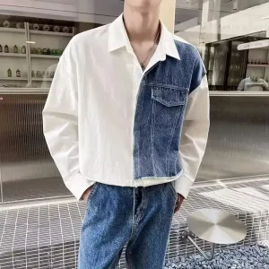 StreetEdge Herren Langarm Color-Block Denim-Hemd