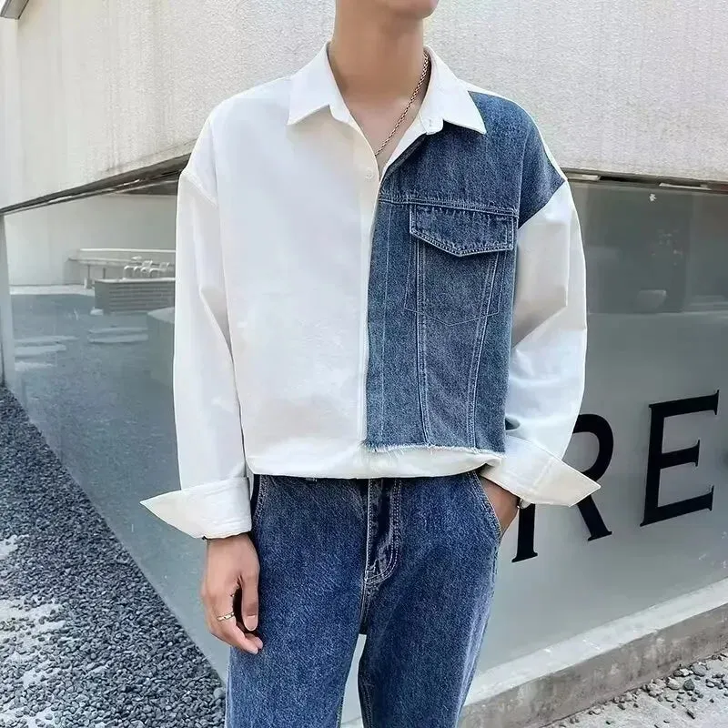 StreetEdge Herren Langarm Color-Block Denim-Hemd