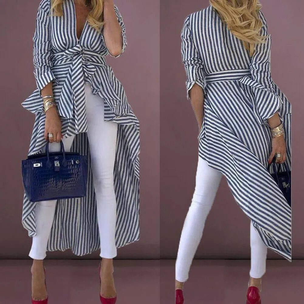 Stripe Long Sleeve V-Neck Blouse Duster