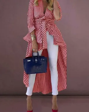 Stripe Long Sleeve V-Neck Blouse Duster