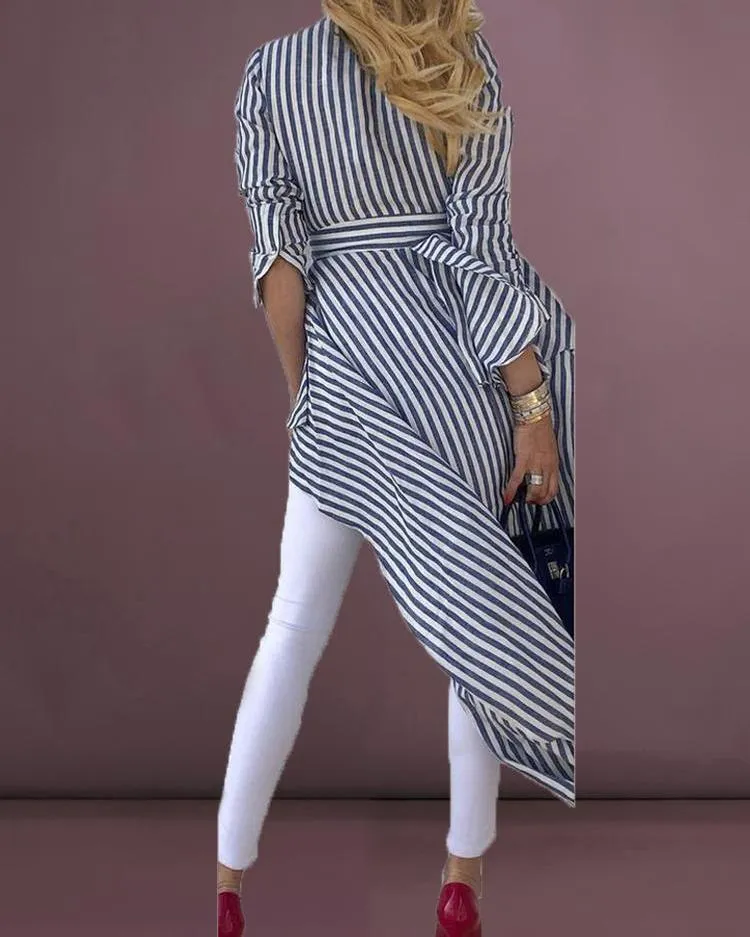 Stripe Long Sleeve V-Neck Blouse Duster