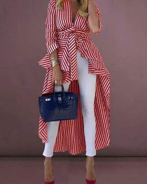 Stripe Long Sleeve V-Neck Blouse Duster
