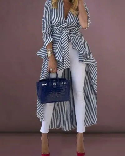 Stripe Long Sleeve V-Neck Blouse Duster