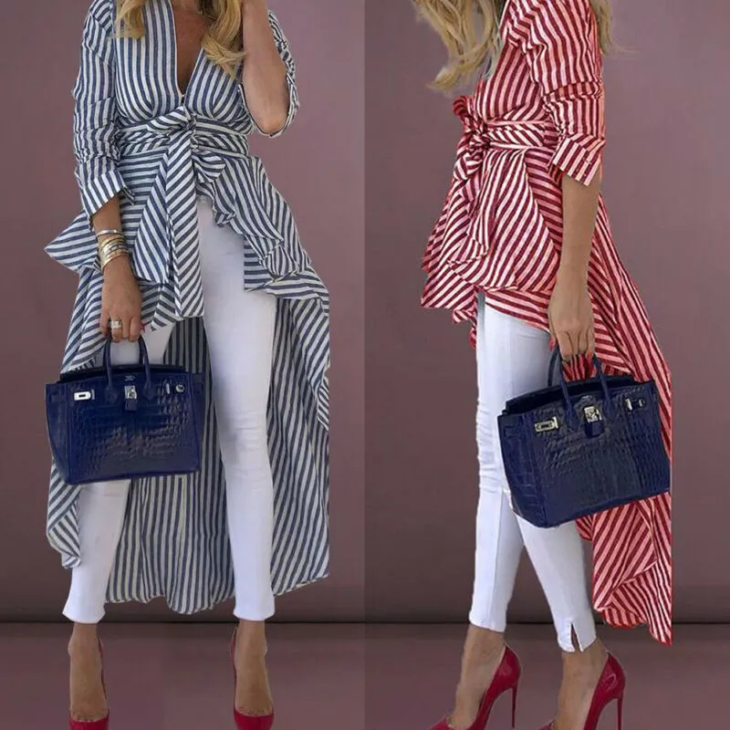 Stripe Long Sleeve V-Neck Blouse Duster