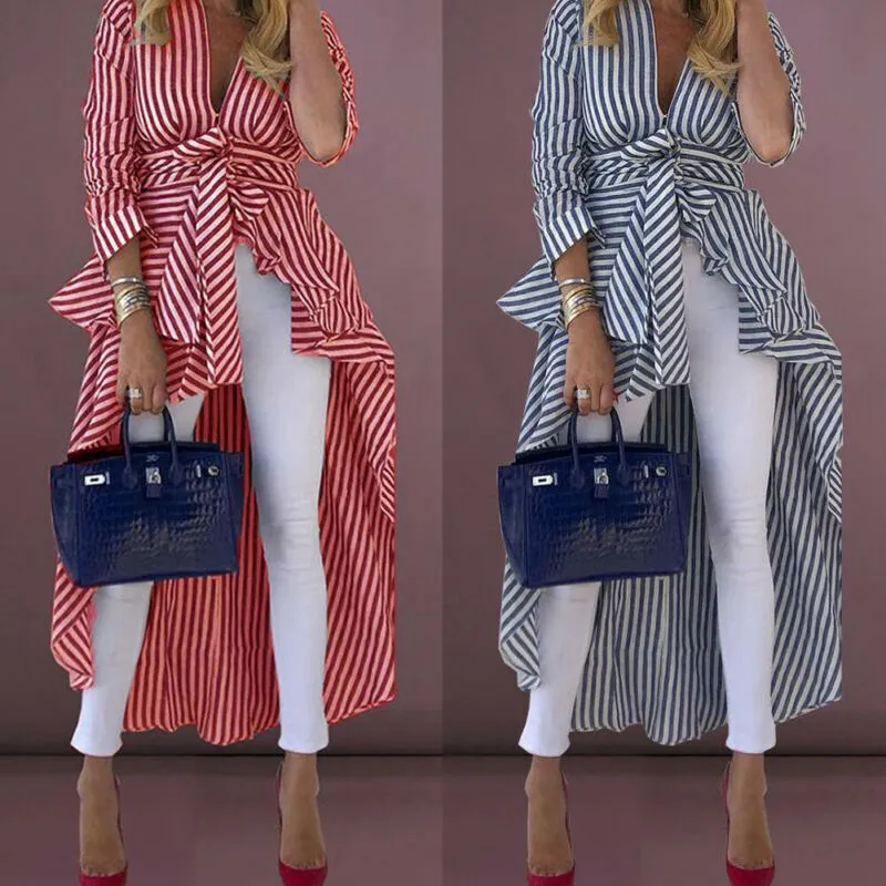 Stripe Long Sleeve V-Neck Blouse Duster