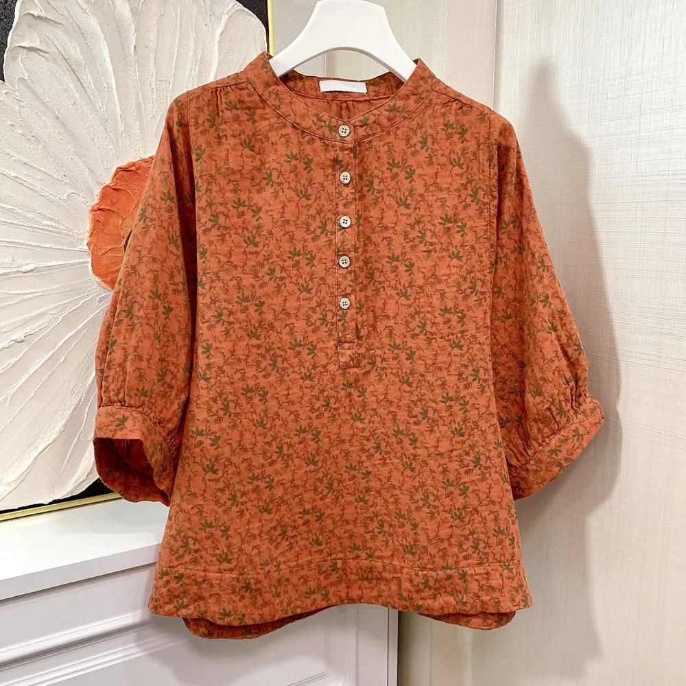 Summer Retro Floral Short Sleeve Loose Cotton Shirts