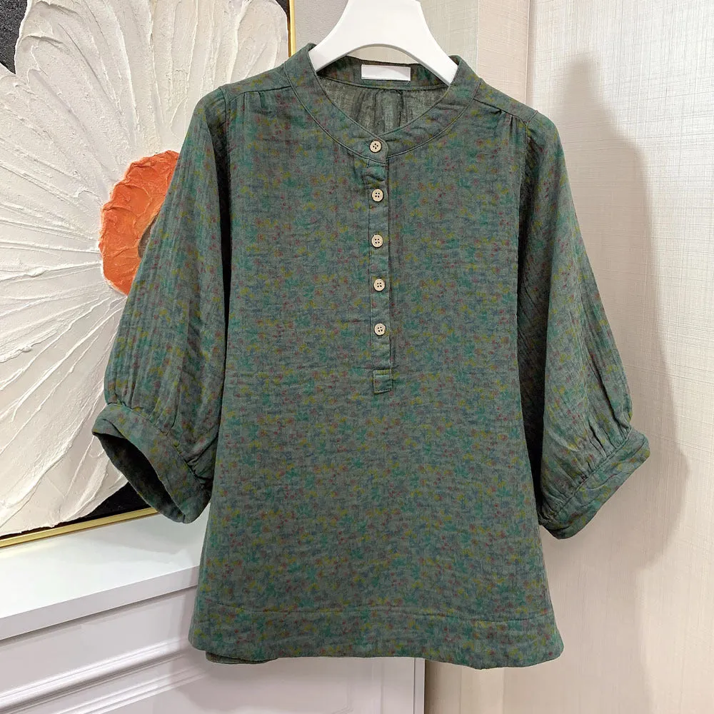 Summer Retro Floral Short Sleeve Loose Cotton Shirts